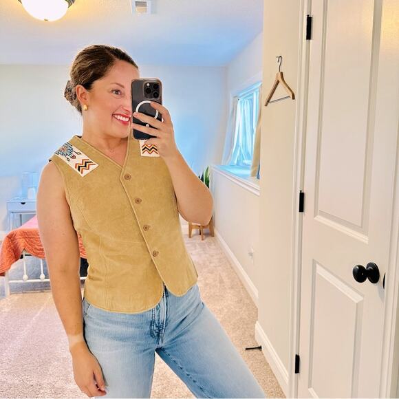 Vintage Outbrook Tan Leather Beaded Button Down Top Vest Medium - Picture 1 of 11